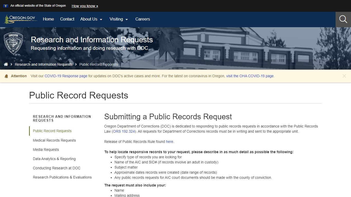 Department of Corrections : Public Record Requests - Oregon.gov